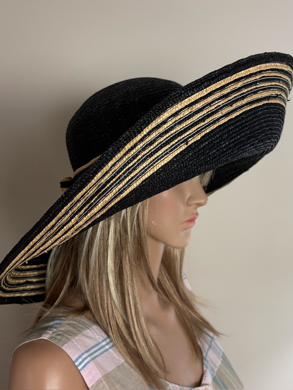 Women's LADY RACHEL Black & Tan WOVEN STRAW Wide Brim FASHION SUN HAT Italy